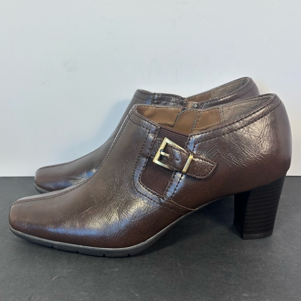A2 by Aerosoles Brown Block Heel Ankle Booties Women’s 6.5 M Buckle Scandi